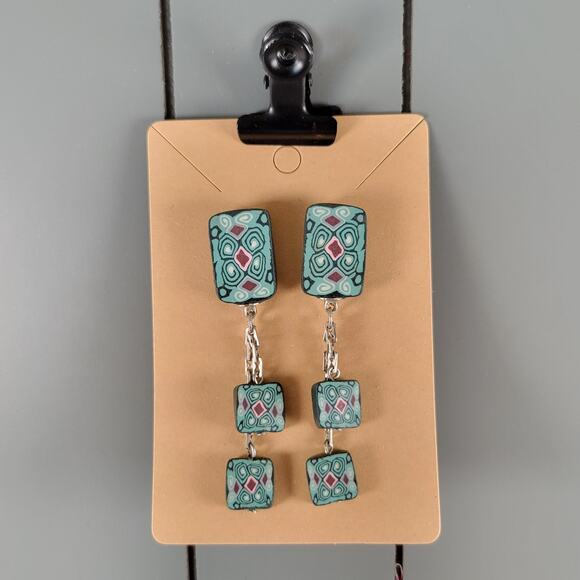 Handmade Polymer Clay Dangle Earrings Teal Pink Black Geometric Pattern Pierced - Picture 8 of 12